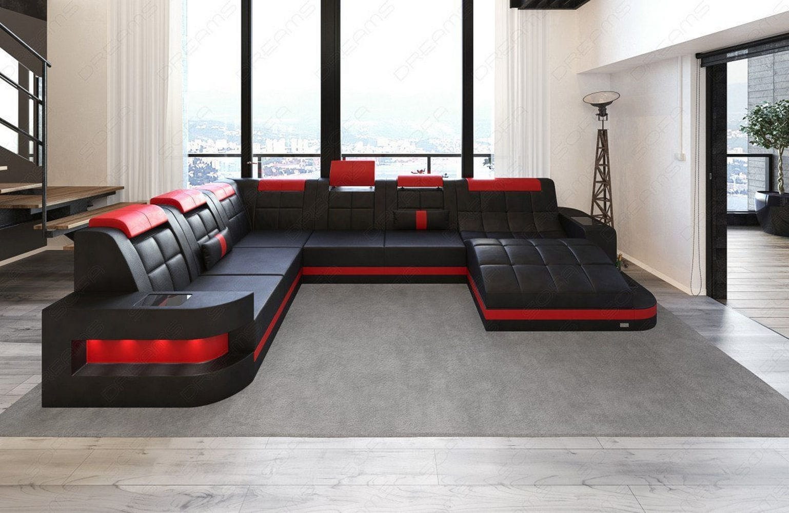 Design Wohnlandschaft Wave XL mit LED schwarz-rot