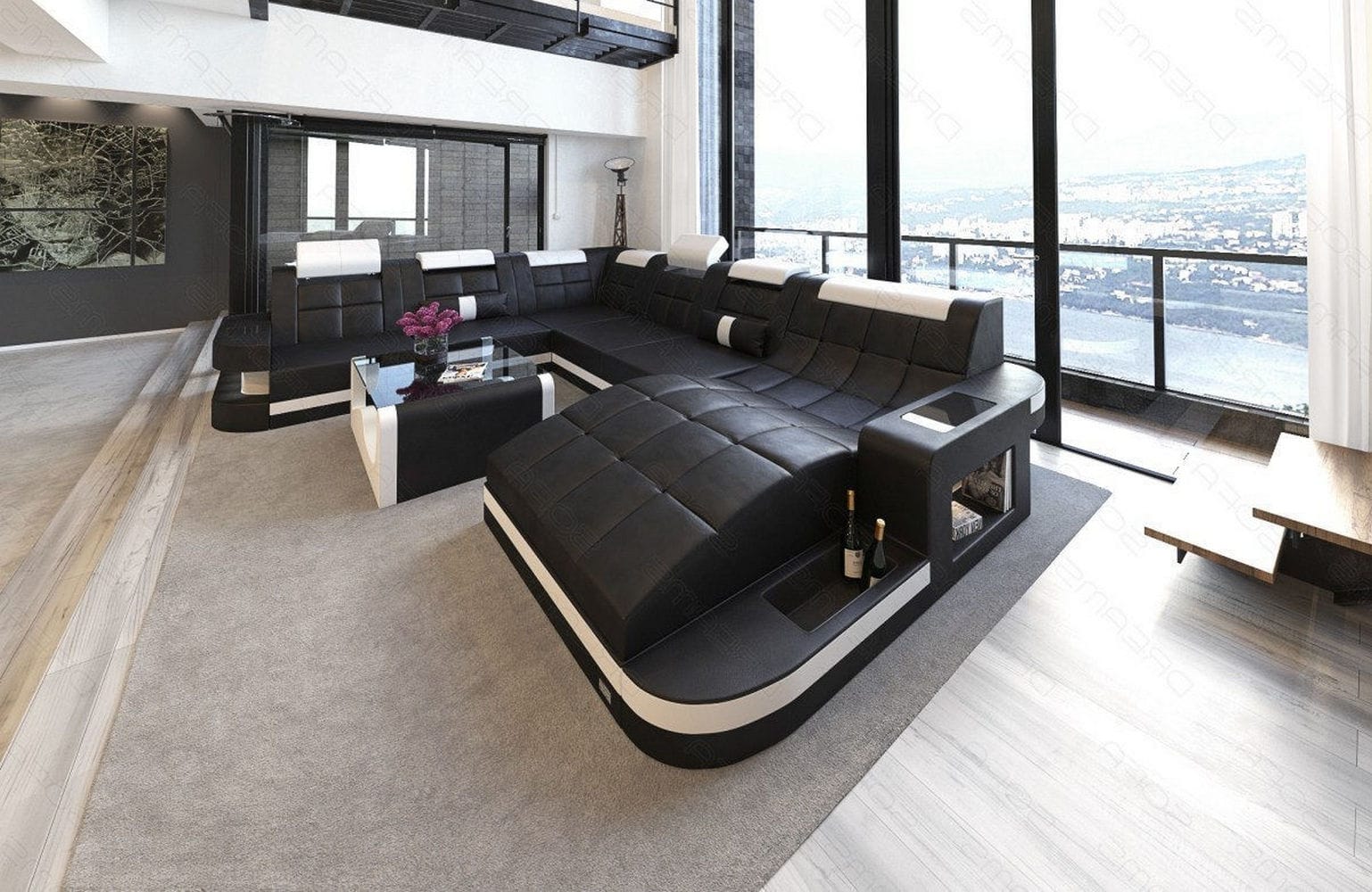 Design Wohnlandschaft Wave XL mit LED schwarz-weiß