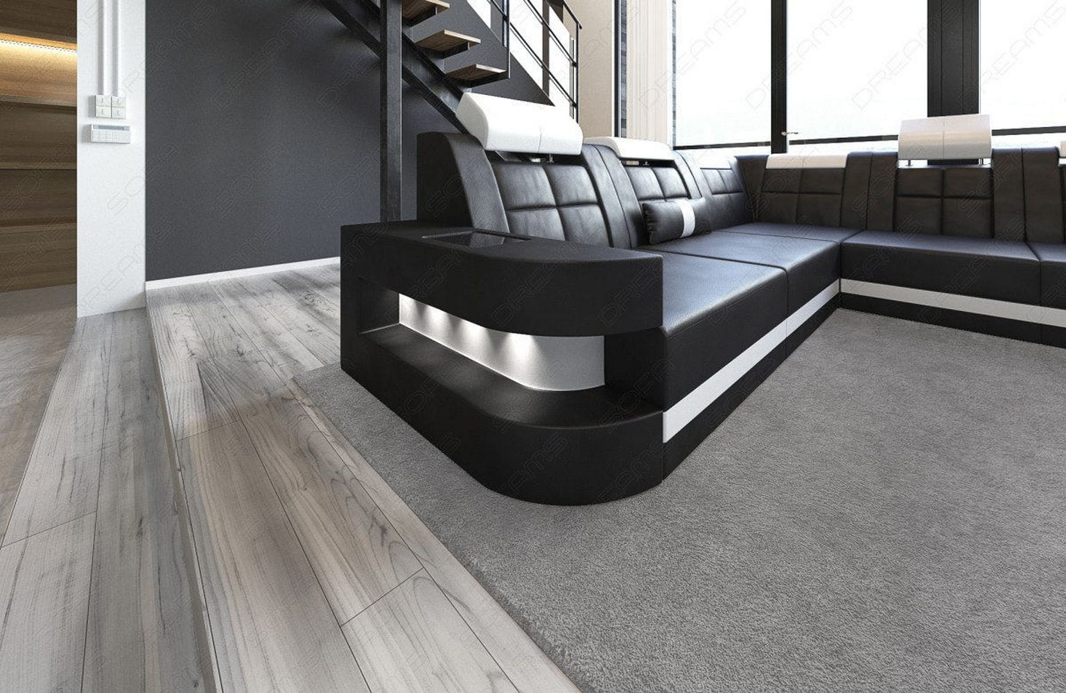 Design Wohnlandschaft Wave XL mit LED schwarz-weiß