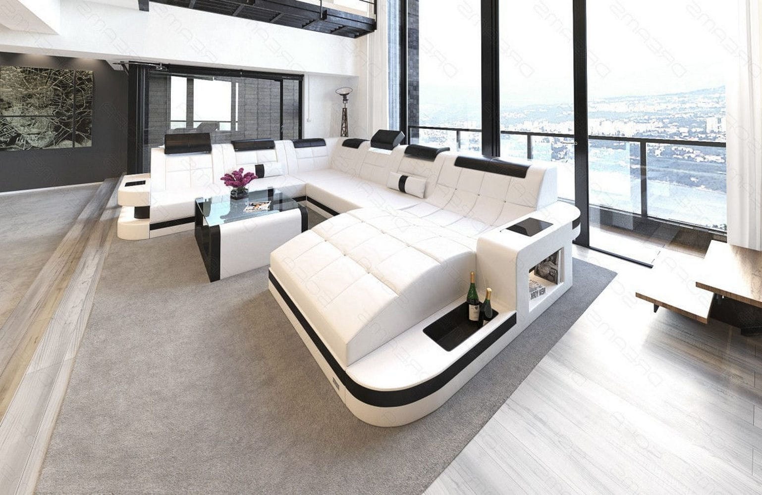 Design Wohnlandschaft Wave XL mit LED weiß-schwarz