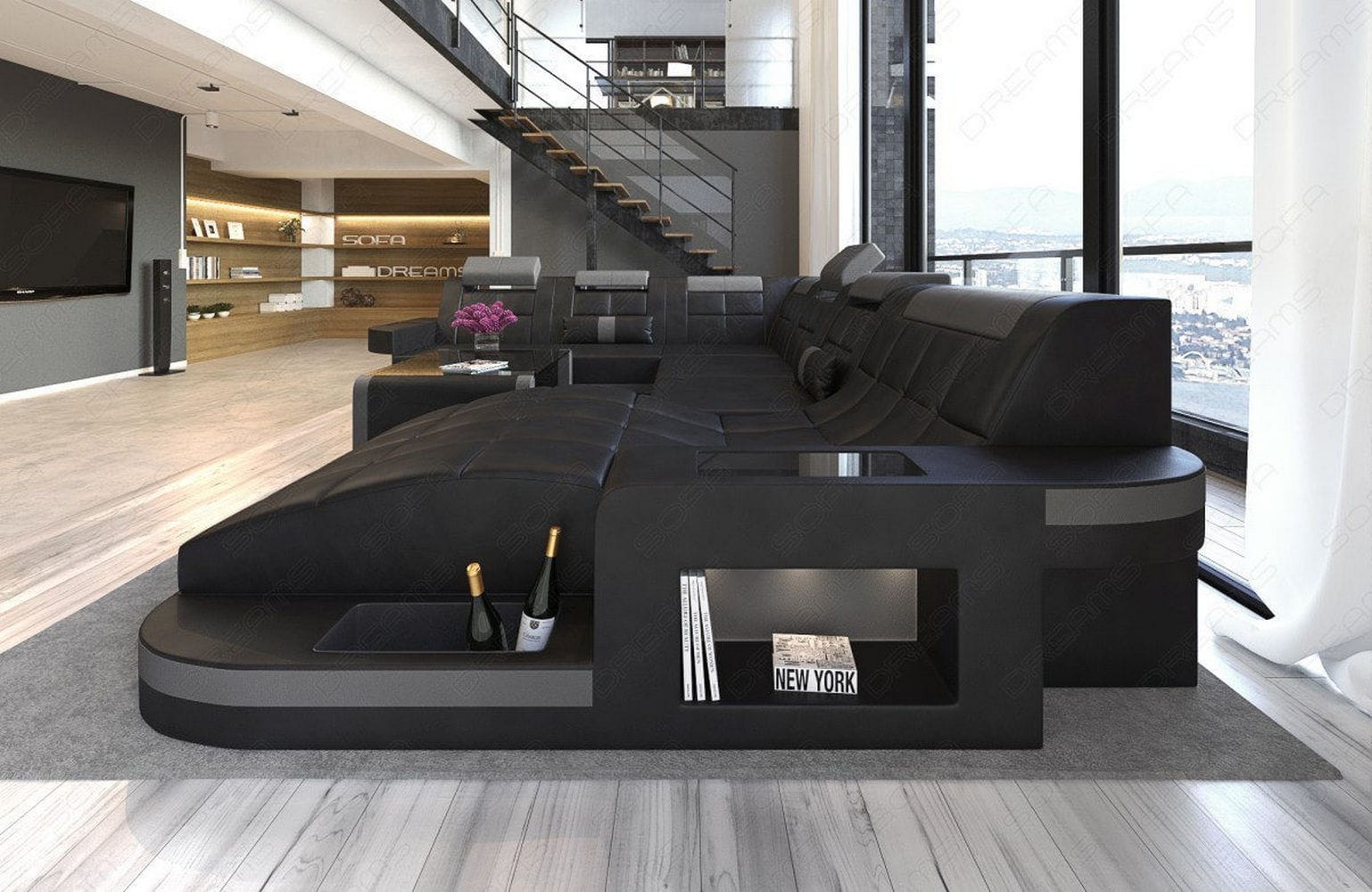 Design Wohnlandschaft Wave XL mit LED schwarz-grau