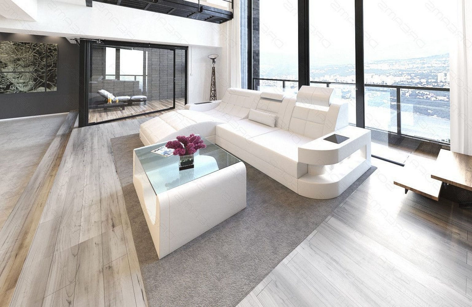 Mini Ecksofa Wave L-Form aus Leder Weiß