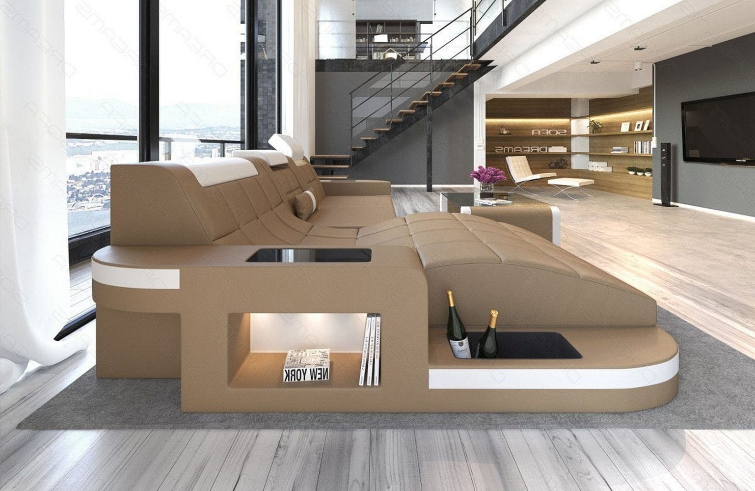 Mini Ecksofa Wave L-Form aus Leder sandbeige-weiß