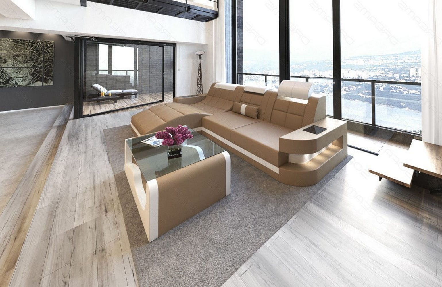 Mini Ecksofa Wave L-Form aus Leder sandbeige-weiß