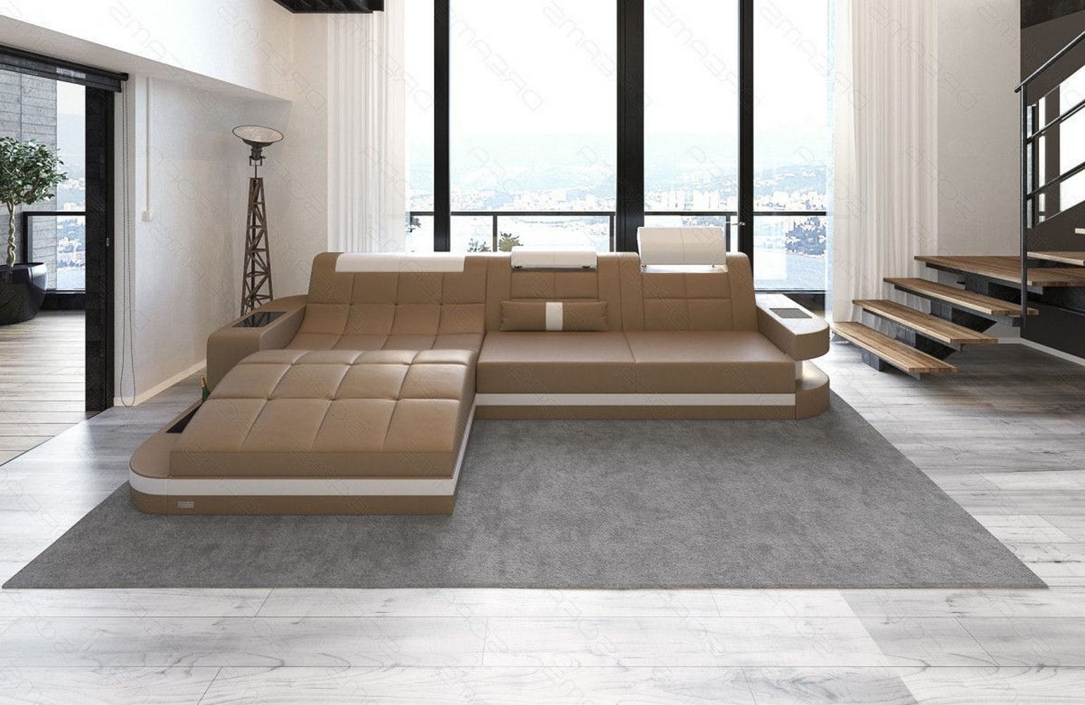 Mini Ecksofa Wave L-Form aus Leder sandbeige-weiß