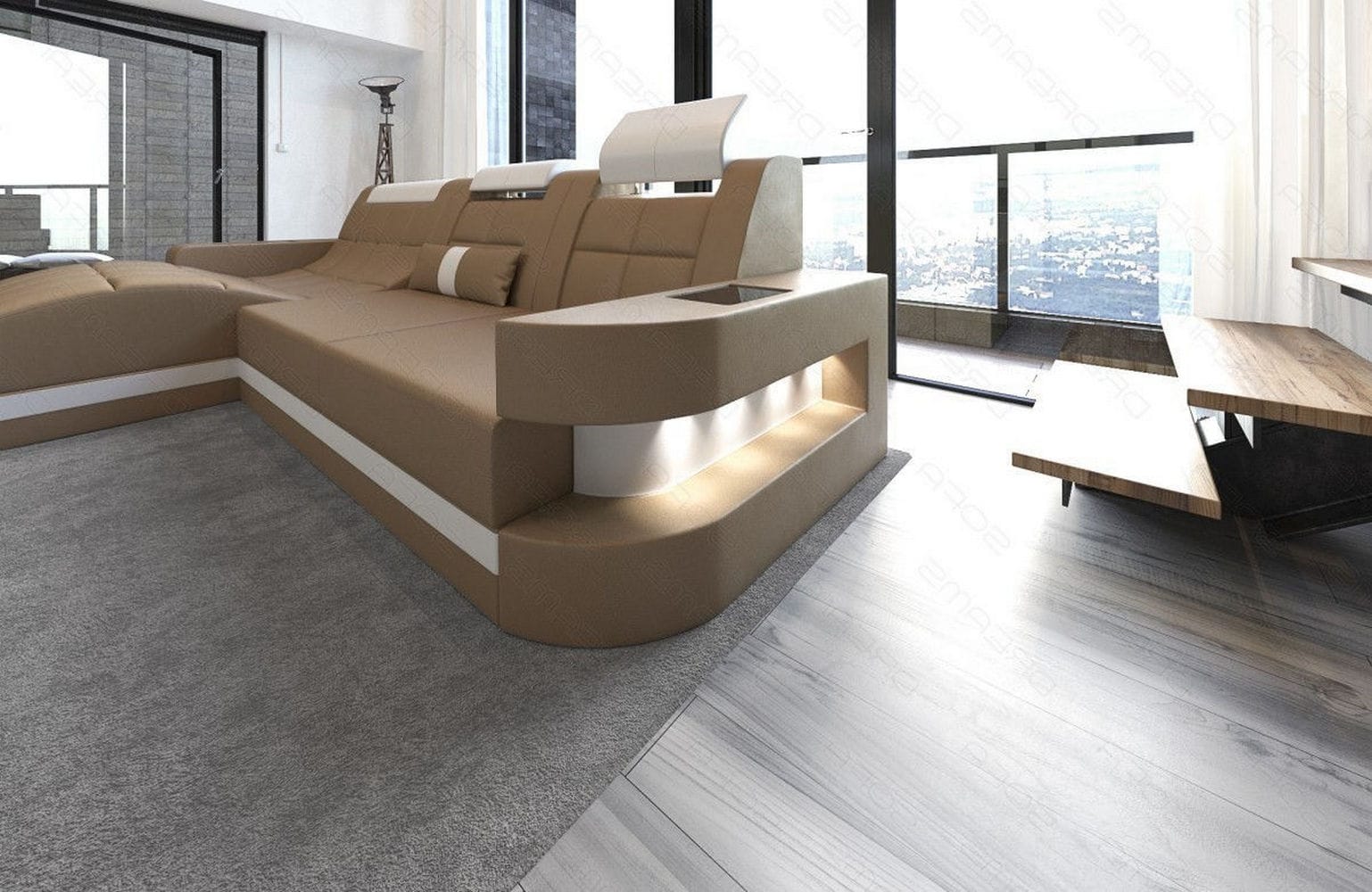 Mini Ecksofa Wave L-Form aus Leder sandbeige-weiß