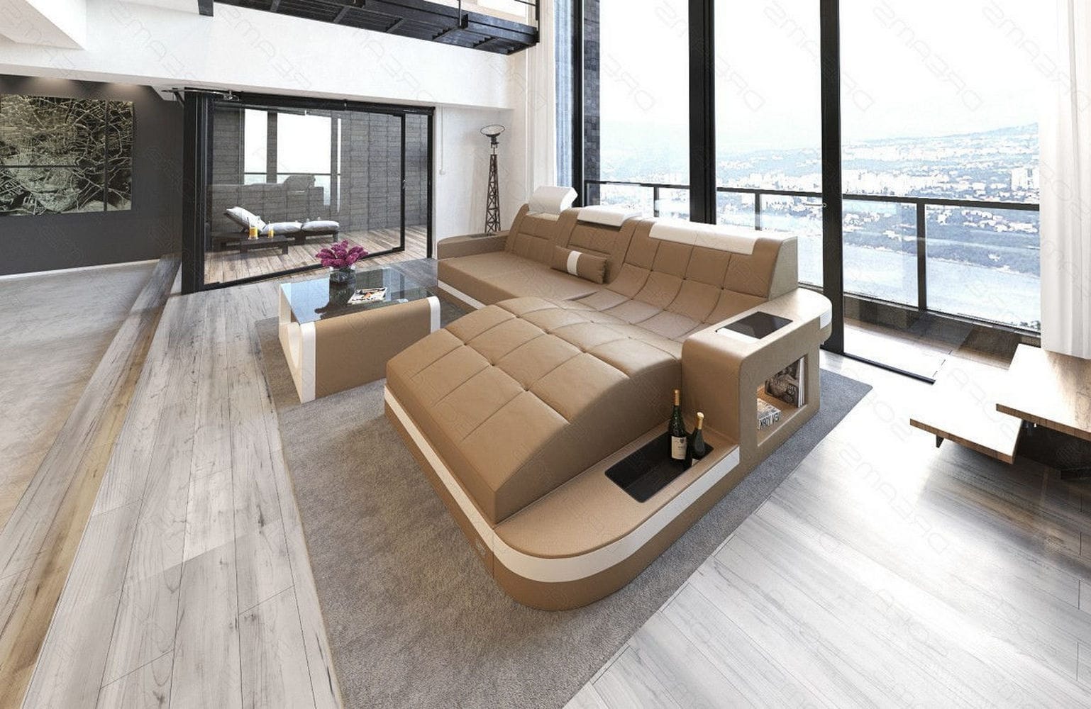 Mini Ecksofa Wave L-Form aus Leder Sandbeige-Weiß
