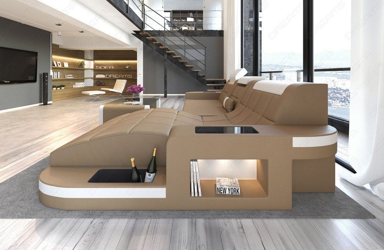 Mini Ecksofa Wave L-Form aus Leder Sandbeige-Weiß