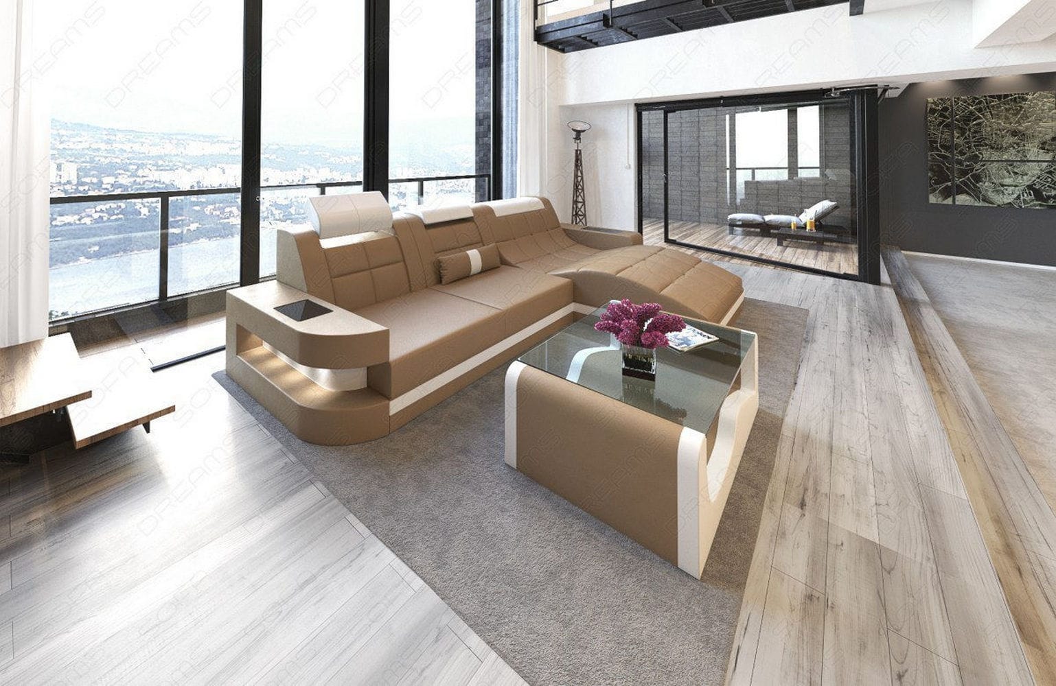 Mini Ecksofa Wave L-Form aus Leder Sandbeige-Weiß