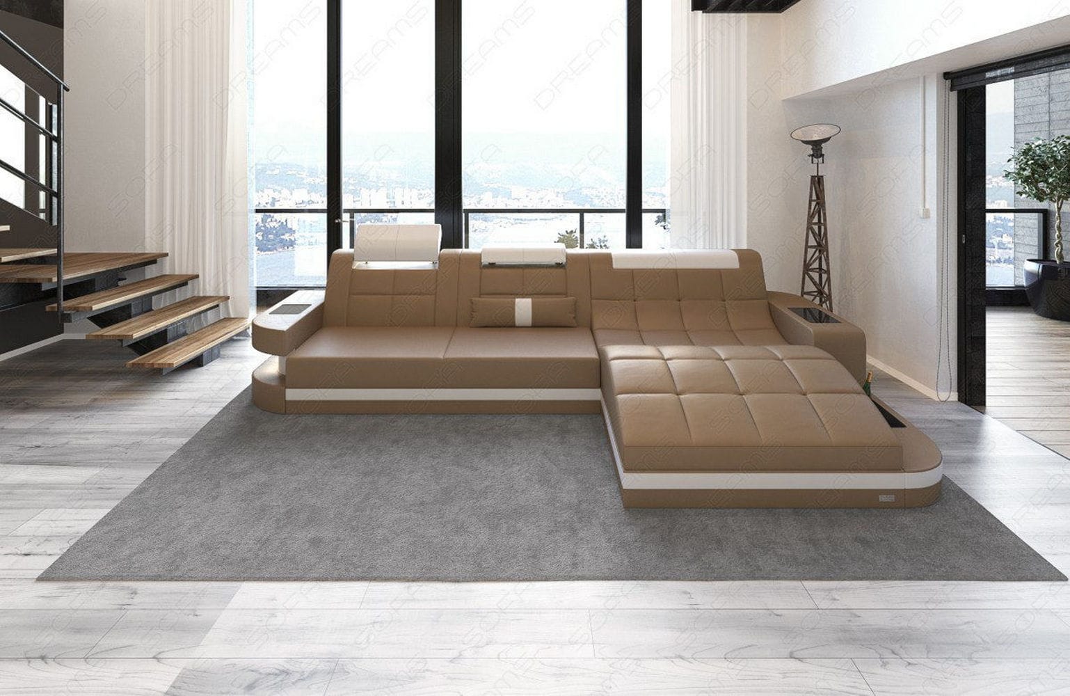 Mini Ecksofa Wave L-Form aus Leder Sandbeige-Weiß