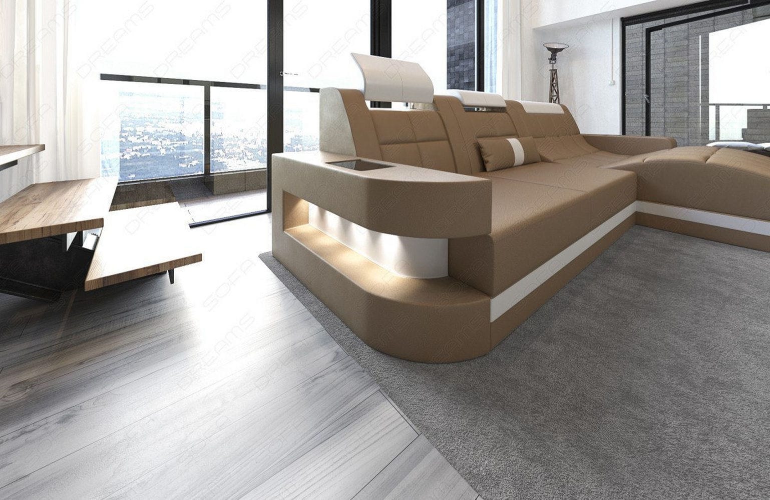 Mini Ecksofa Wave L-Form aus Leder Sandbeige-Weiß