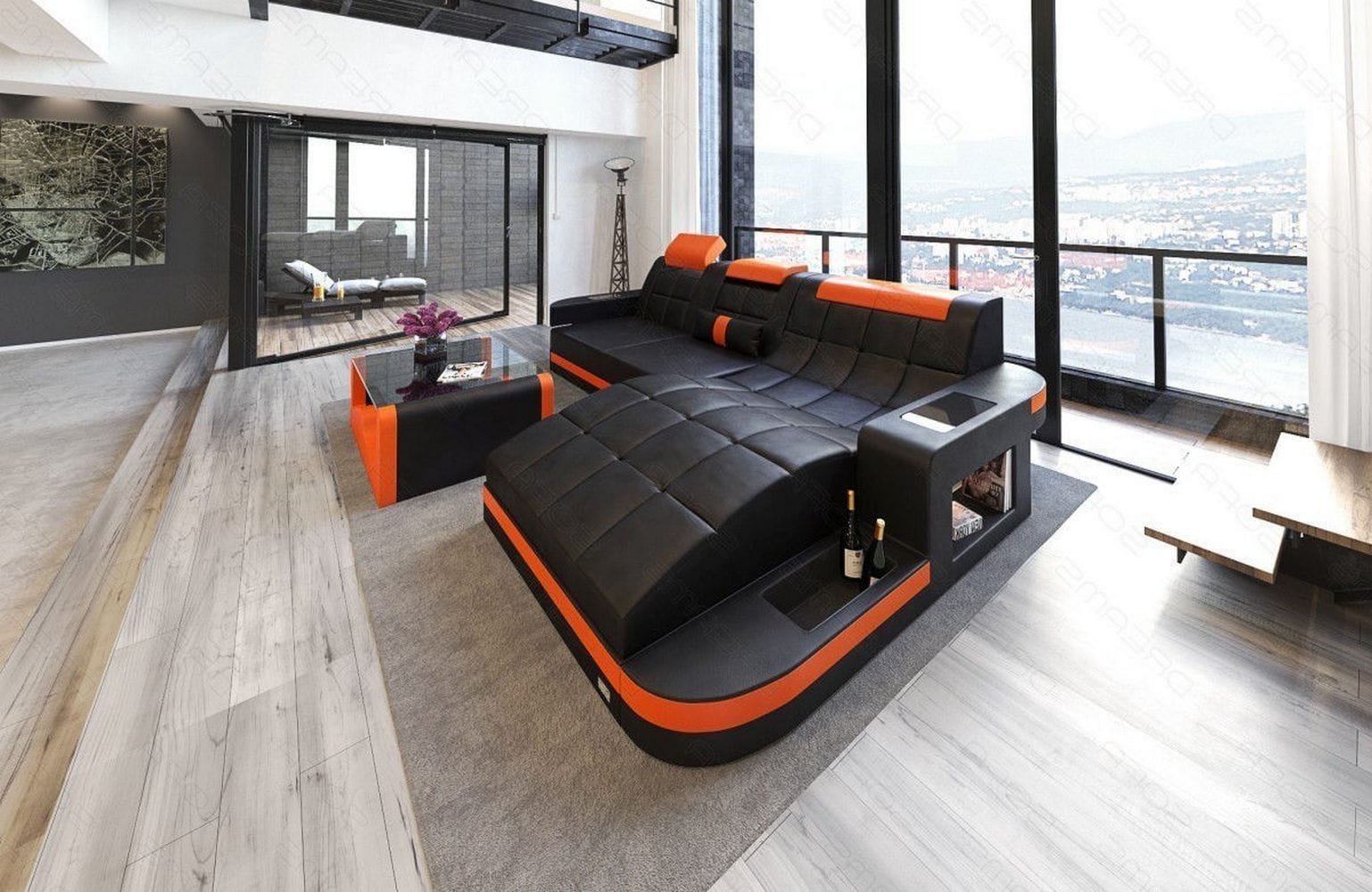 Mini Design Ledersofa Wave L-Form mit LED Schwarz-Orange