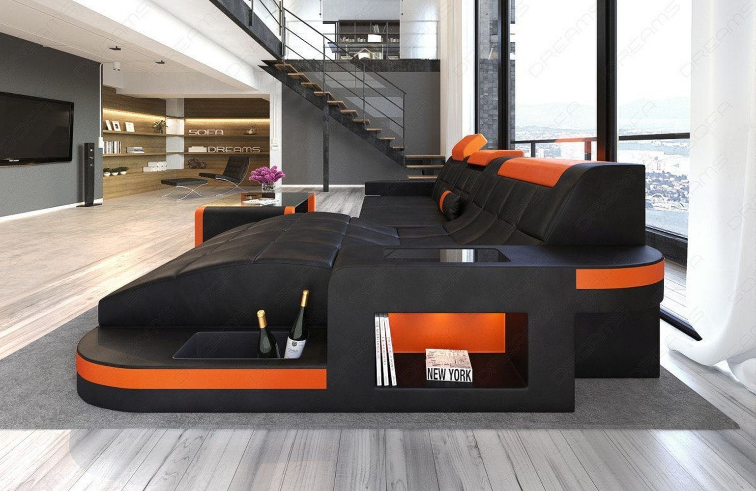 Mini Design Ledersofa Wave L-Form mit LED Schwarz-Orange
