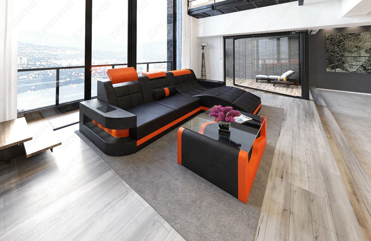 Mini Design Ledersofa Wave L-Form mit LED Schwarz-Orange