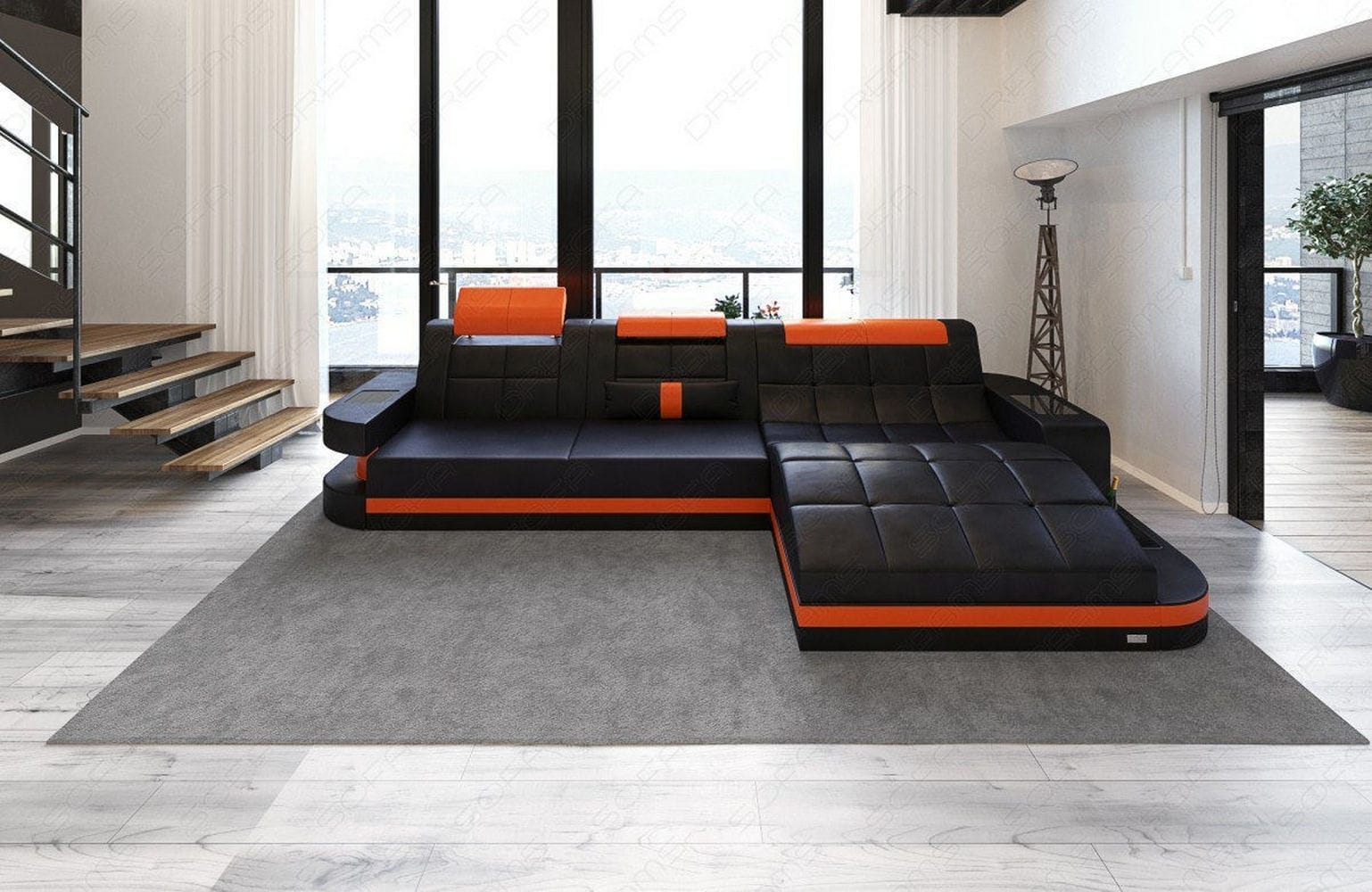 Mini Design Ledersofa Wave L-Form mit LED Schwarz-Orange