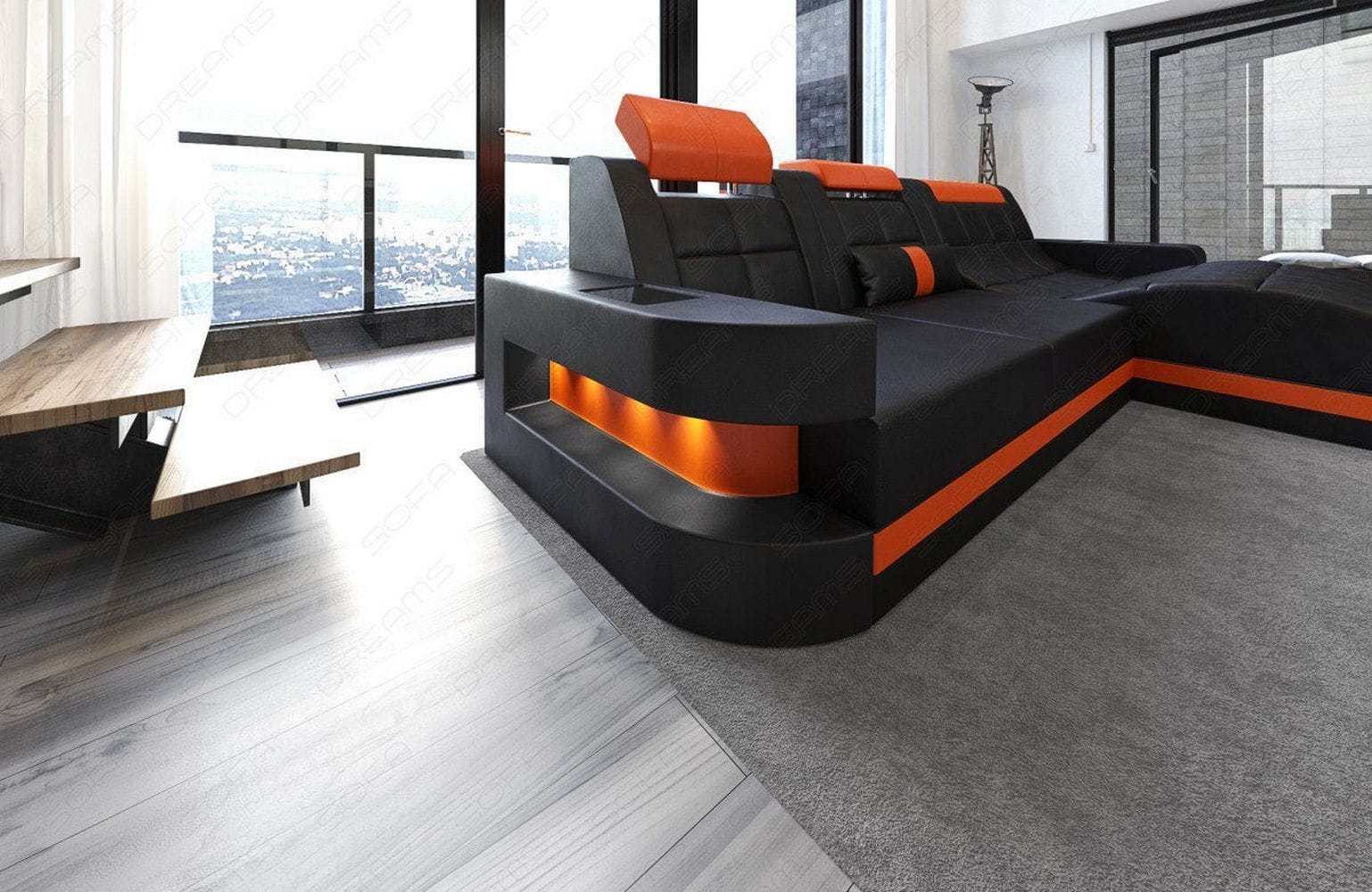 Mini Design Ledersofa Wave L-Form mit LED Schwarz-Orange