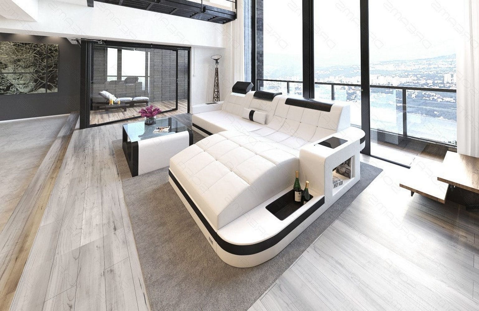 Mini Design Ledersofa Wave L-Form mit LED Weiß-Schwarz