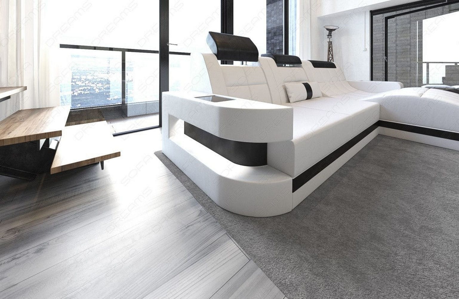Mini Design Ledersofa Wave L-Form mit LED Weiß-Schwarz
