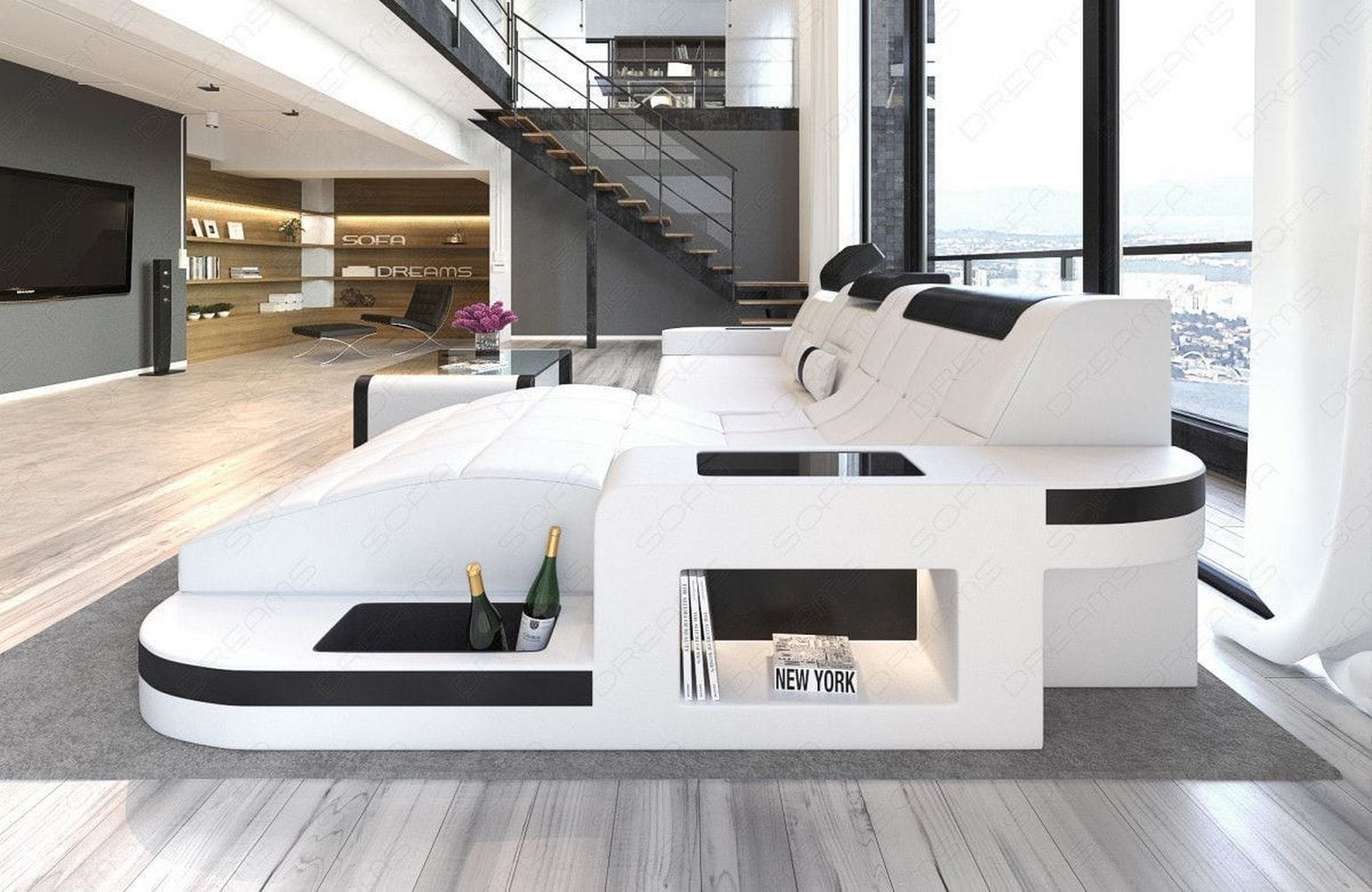 Mini Design Ledersofa Wave L-Form mit LED Weiß-Schwarz