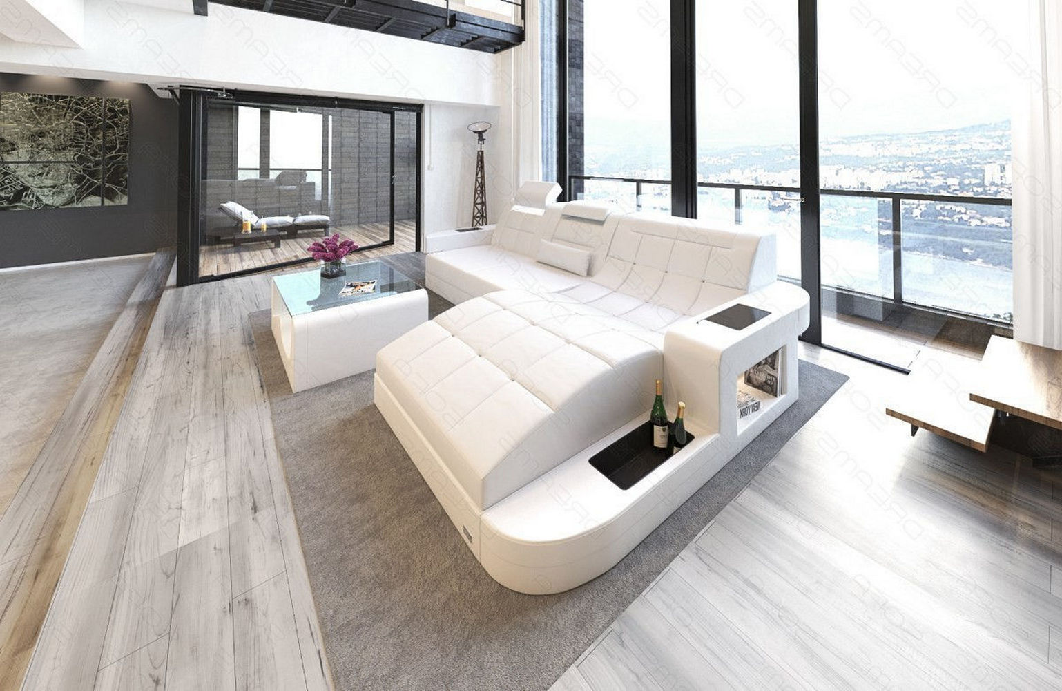 Mini Design Ledersofa Wave L-Form mit LED