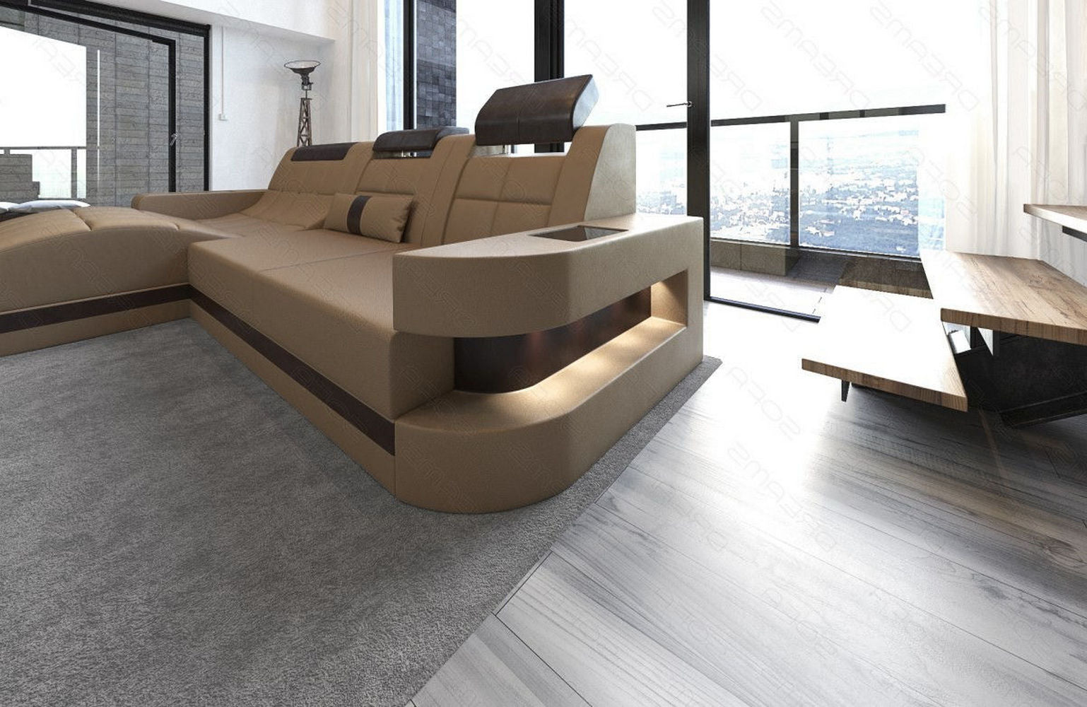 Mini Design Ledersofa Wave L-Form mit LED Sandbeige-Dunkelbraun