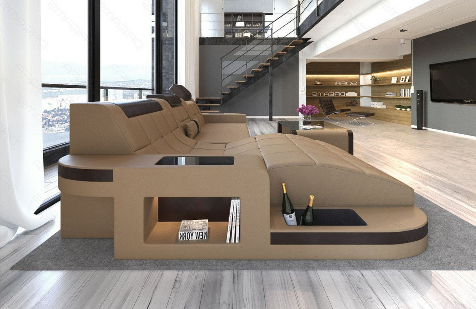 Mini Design Ledersofa Wave L-Form mit LED Sandbeige-Dunkelbraun