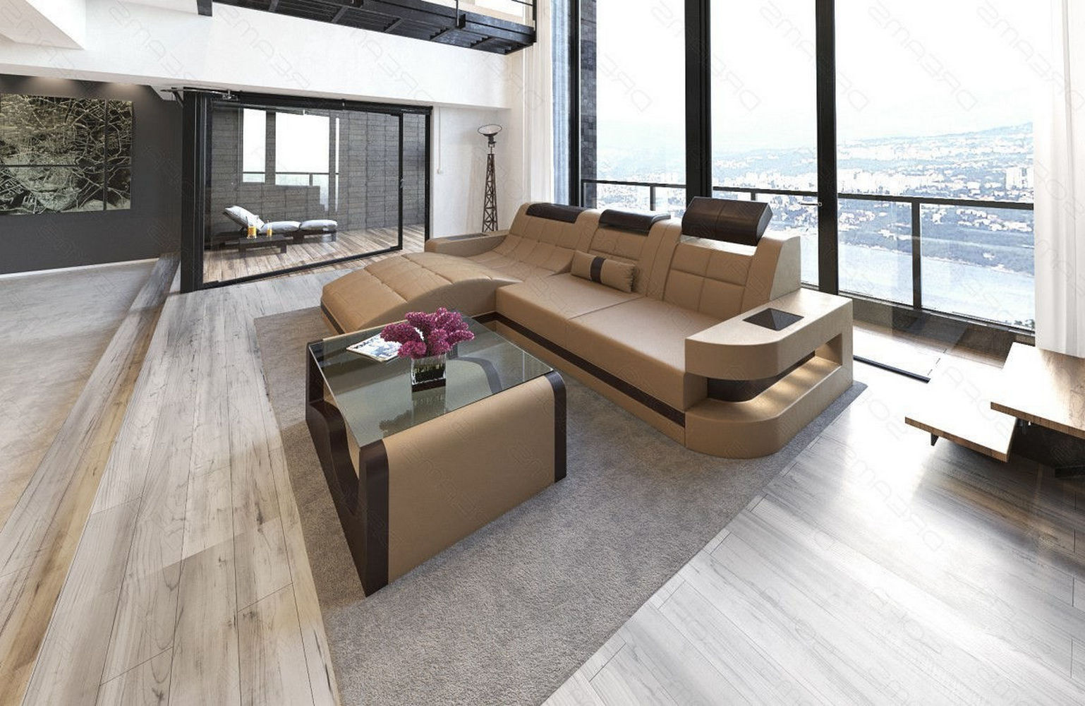 Mini Design Ledersofa Wave L-Form mit LED Sandbeige-Dunkelbraun