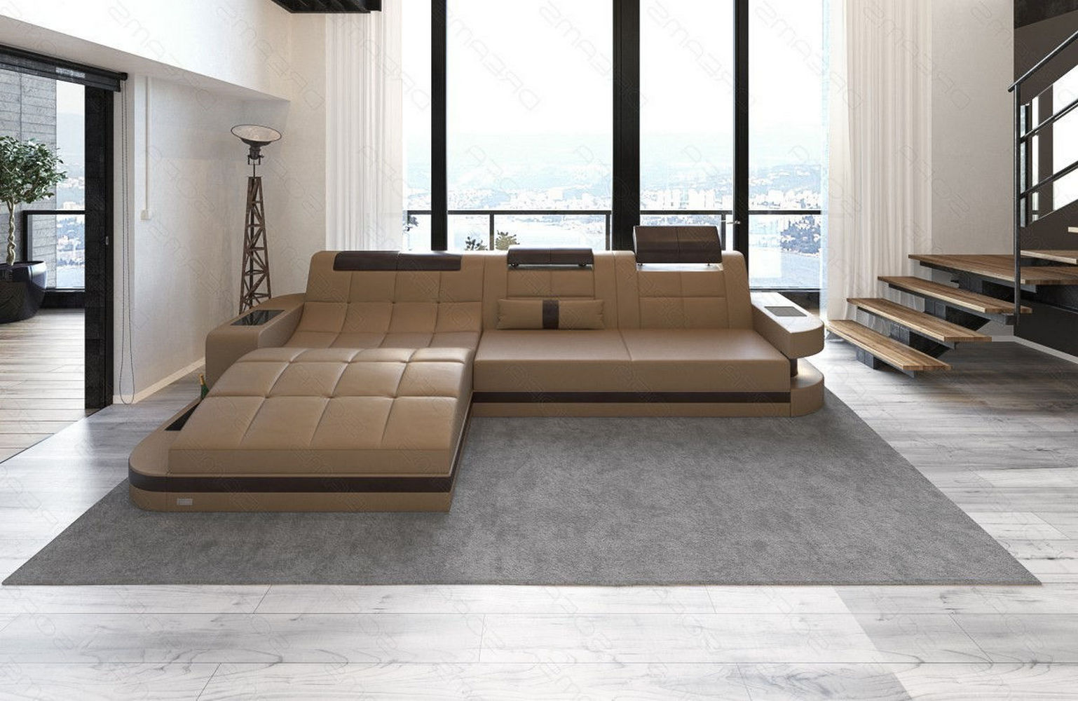 Mini Design Ledersofa Wave L-Form mit LED Sandbeige-Dunkelbraun