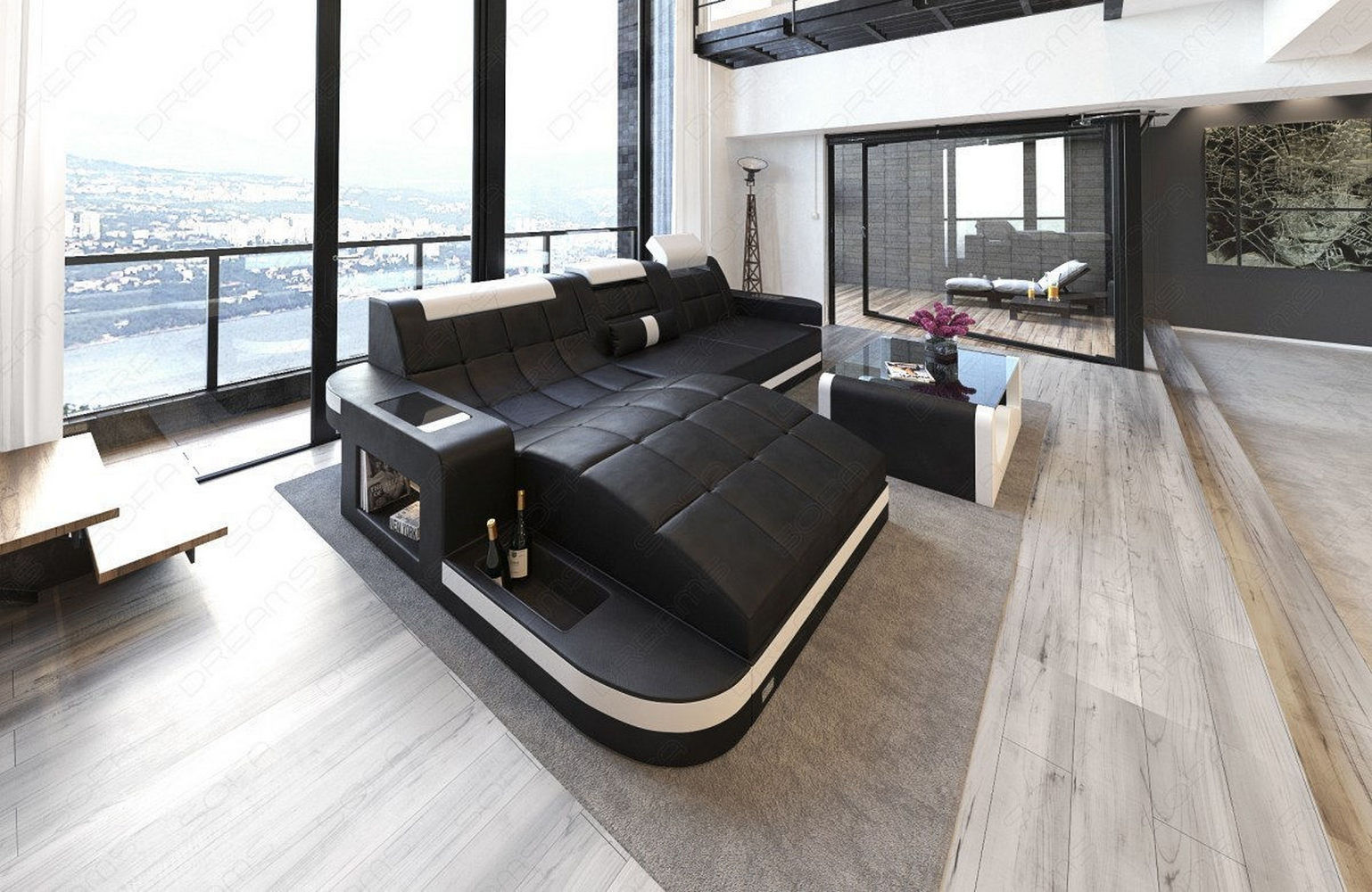 Mini Design Ledersofa Wave L-Form mit LED Schwarz-Weiß
