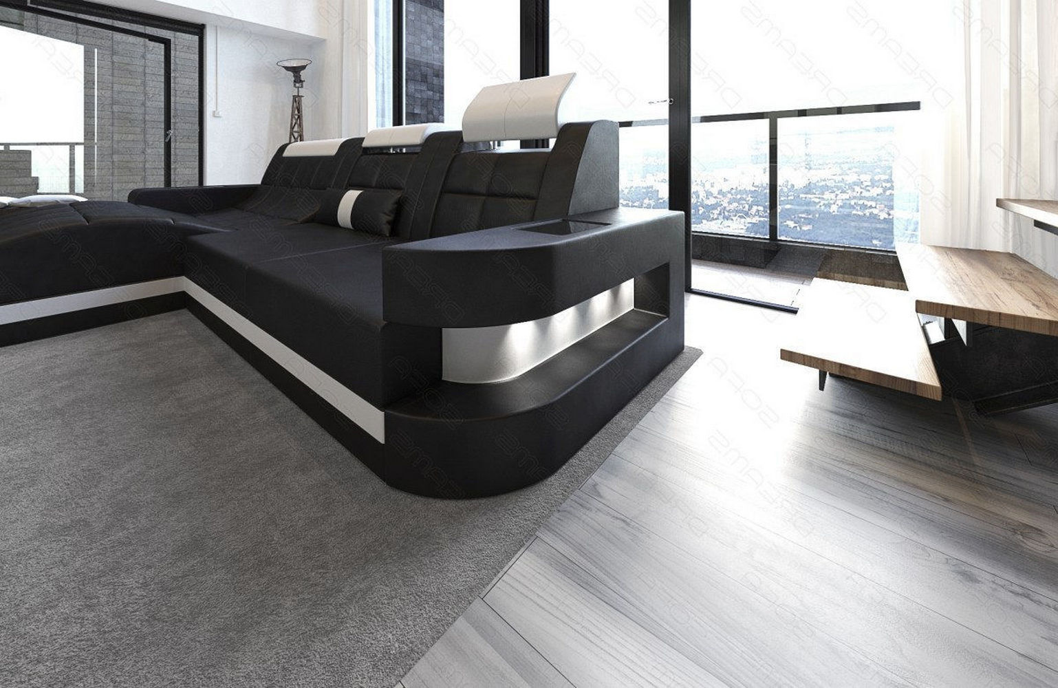 Mini Design Ledersofa Wave L-Form mit LED Schwarz-Weiß