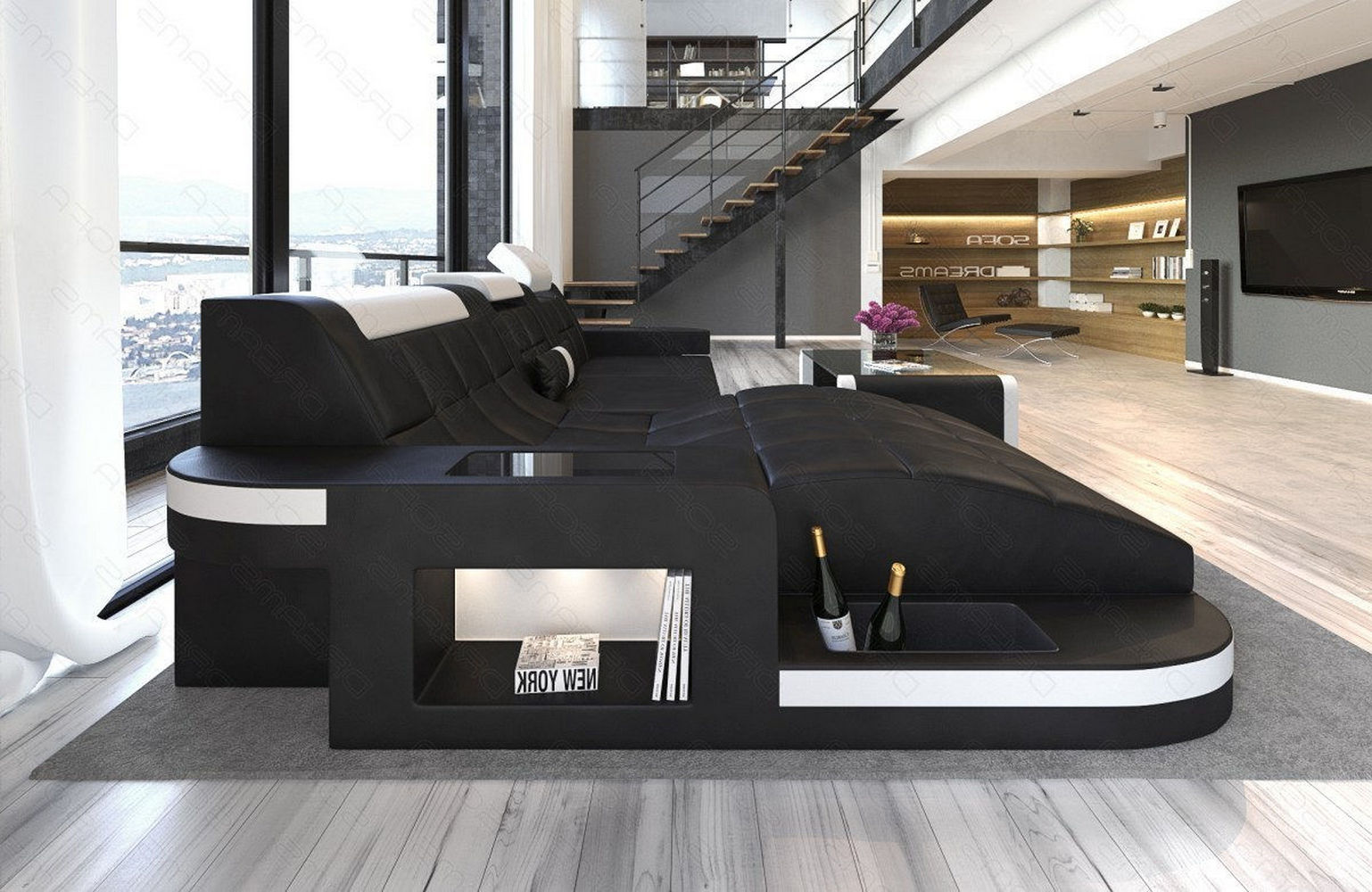 Mini Design Ledersofa Wave L-Form mit LED Schwarz-Weiß