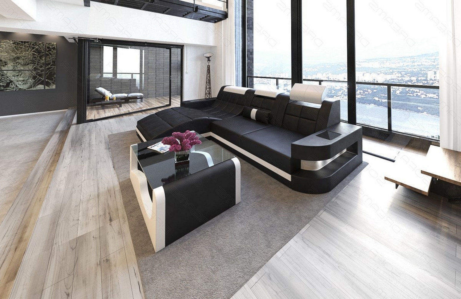 Mini Design Ledersofa Wave L-Form mit LED Schwarz-Weiß