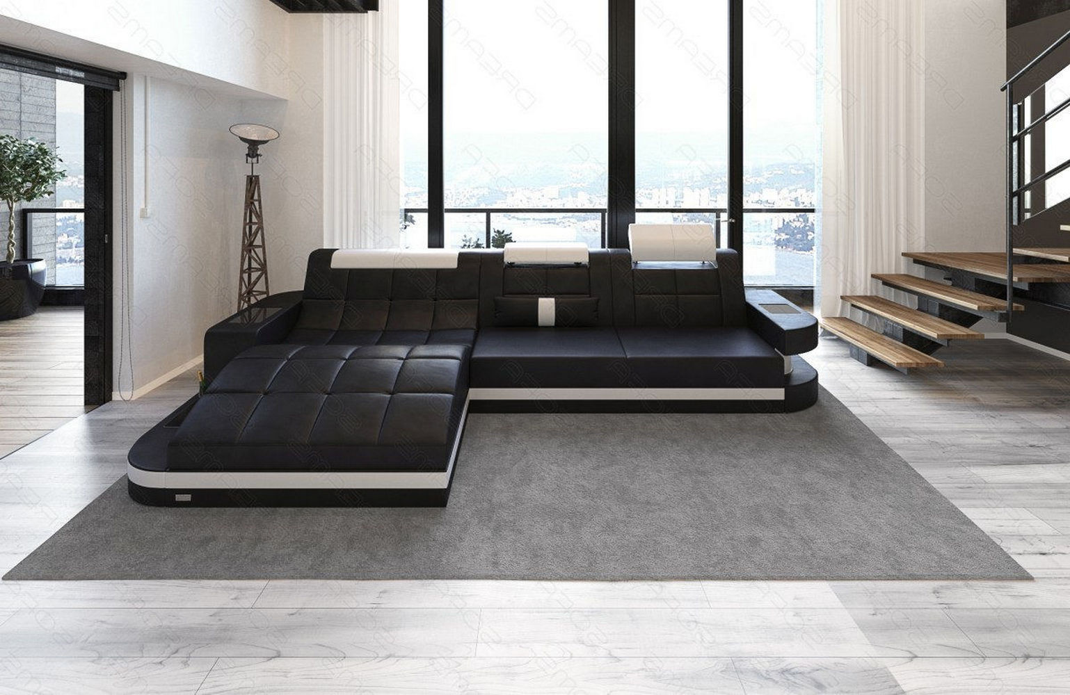 Mini Design Ledersofa Wave L-Form mit LED Schwarz-Weiß