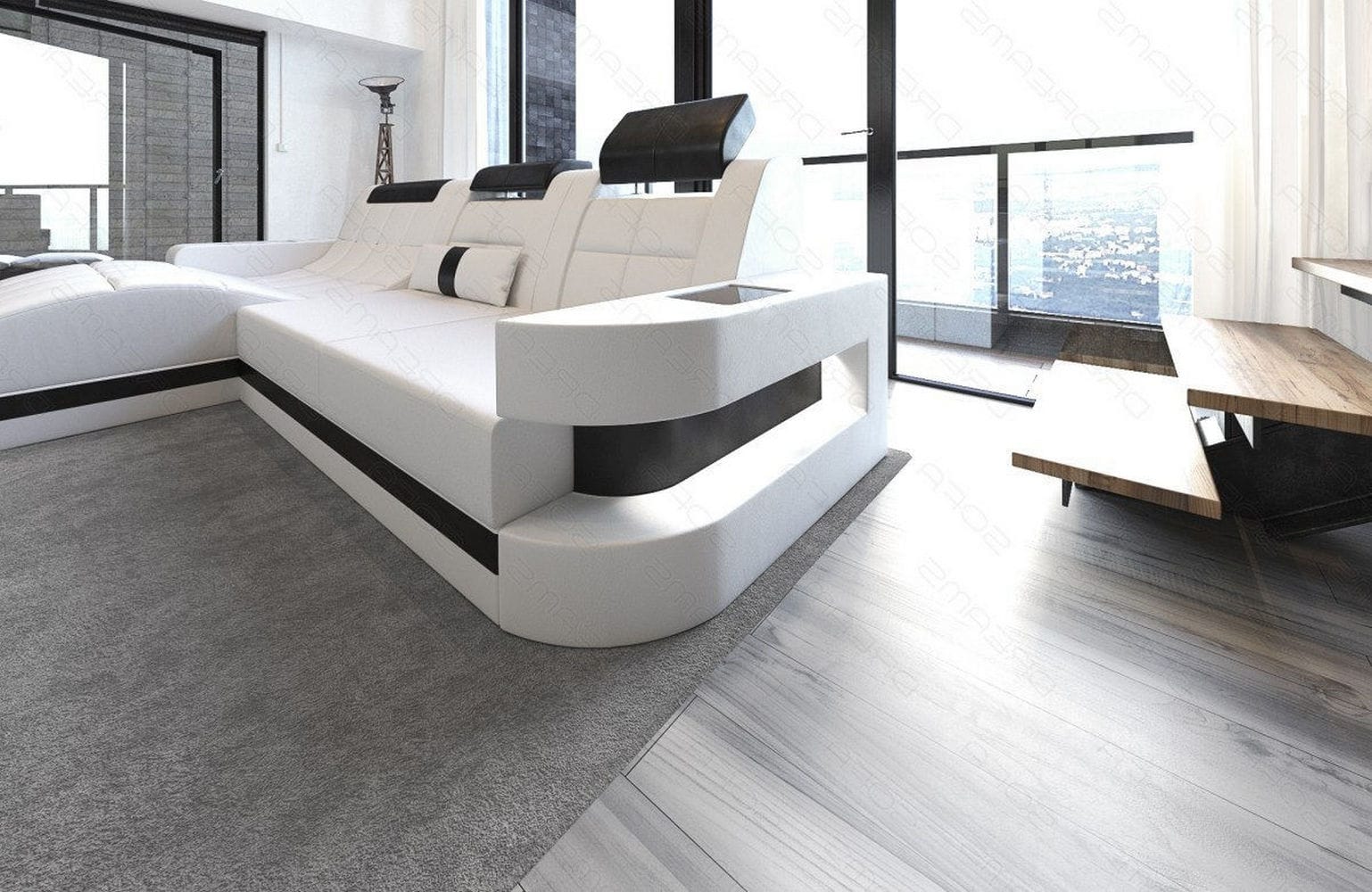 Mini Ecksofa Wave L-Form aus Leder Weiß-Schwarz