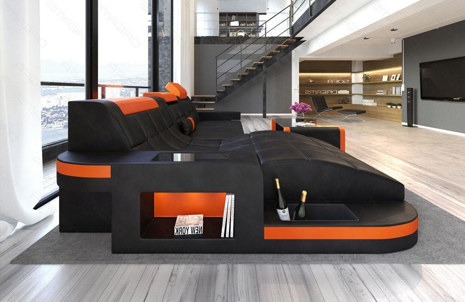 Mini Ecksofa Wave L-Form aus Leder Schwarz-Orange