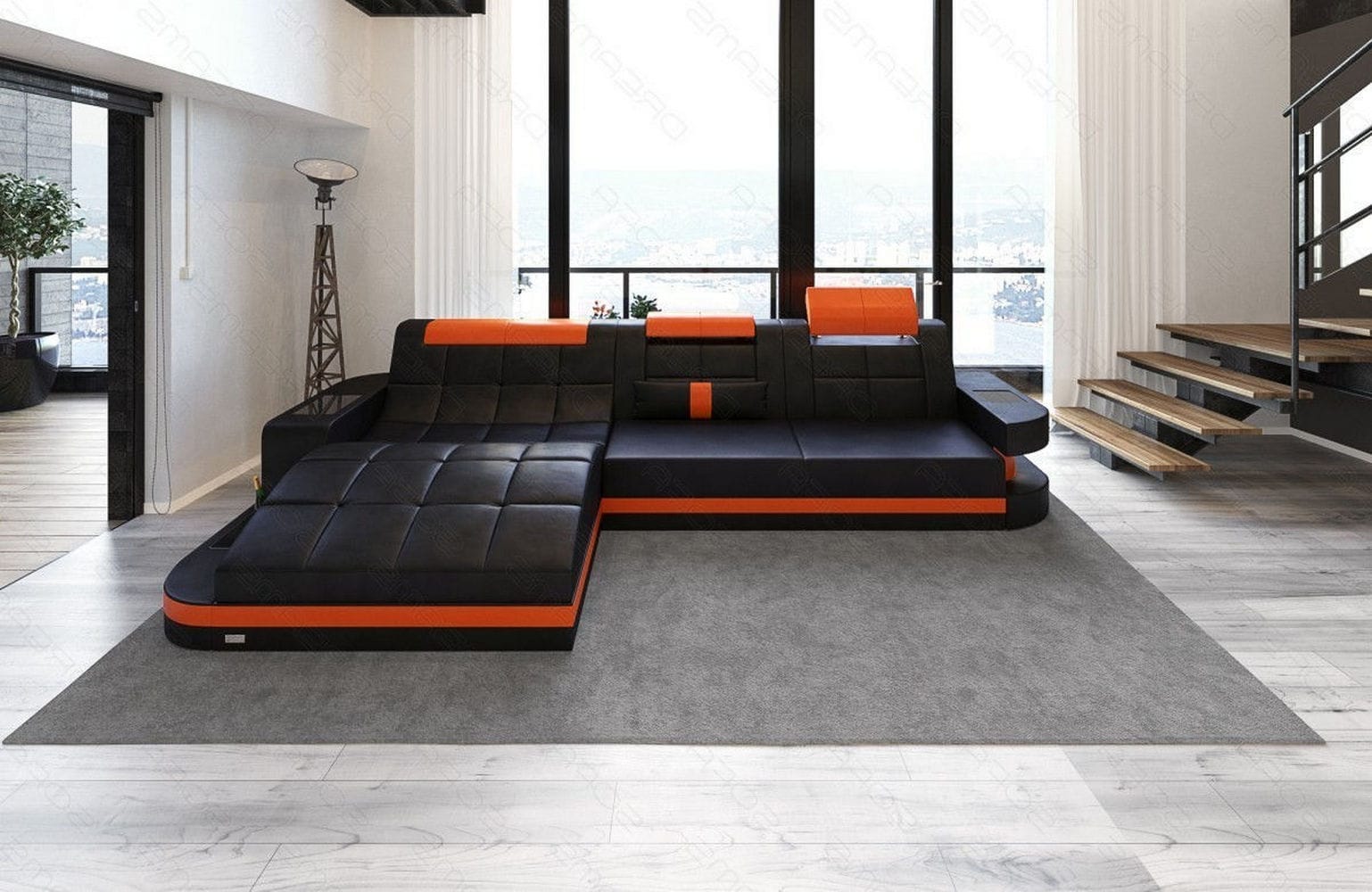 Mini Ecksofa Wave L-Form aus Leder Schwarz-Orange
