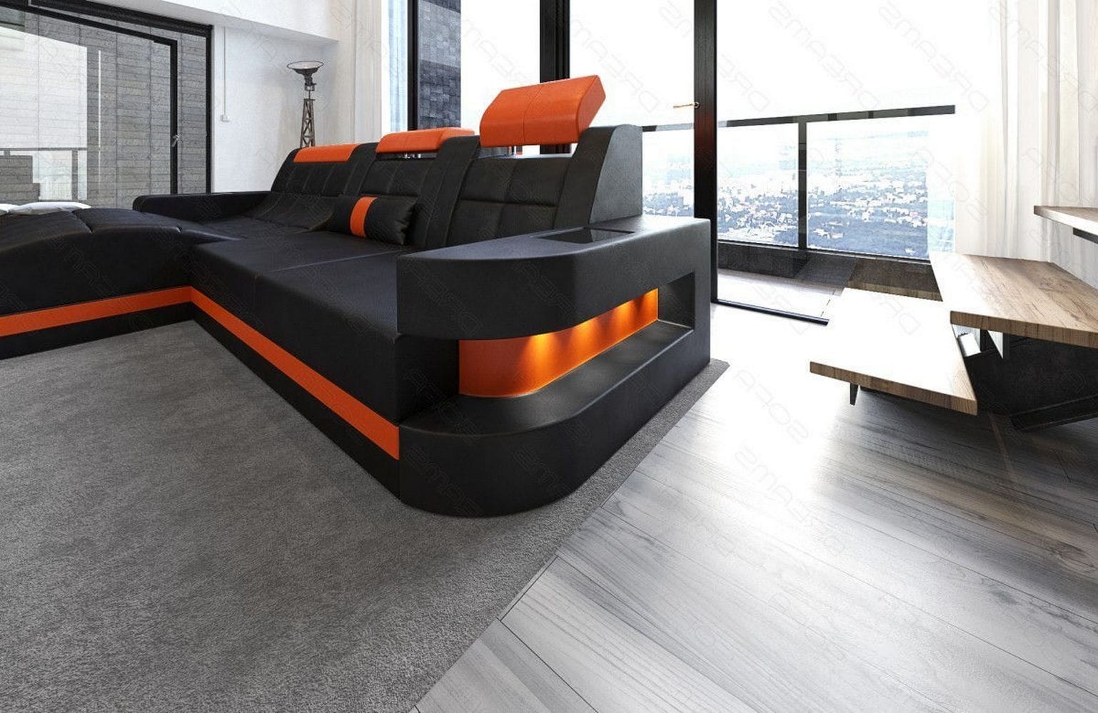 Mini Ecksofa Wave L-Form aus Leder Schwarz-Orange