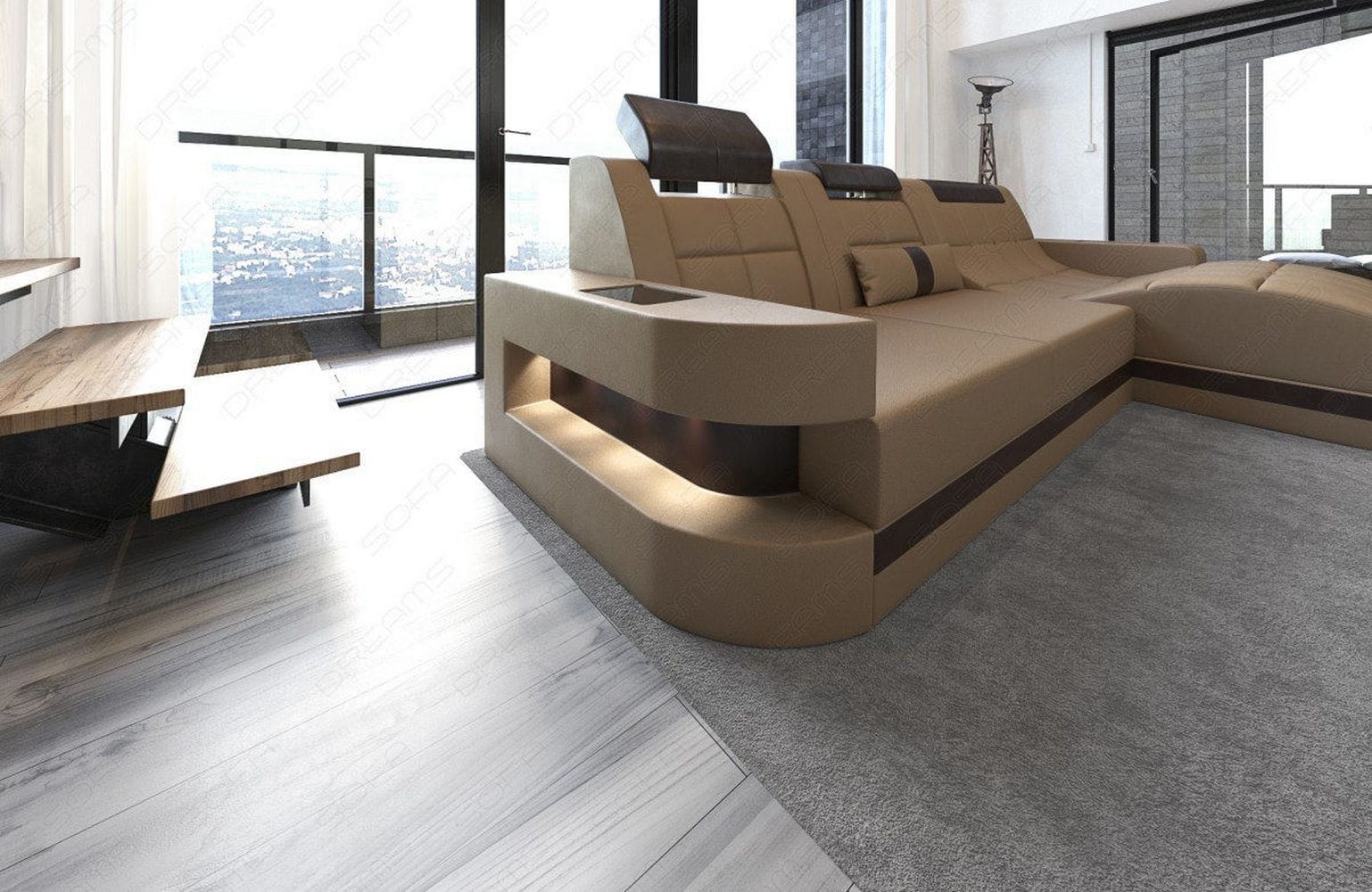 Mini Ecksofa Wave L-Form aus Leder sandbeige-dunkelbraun