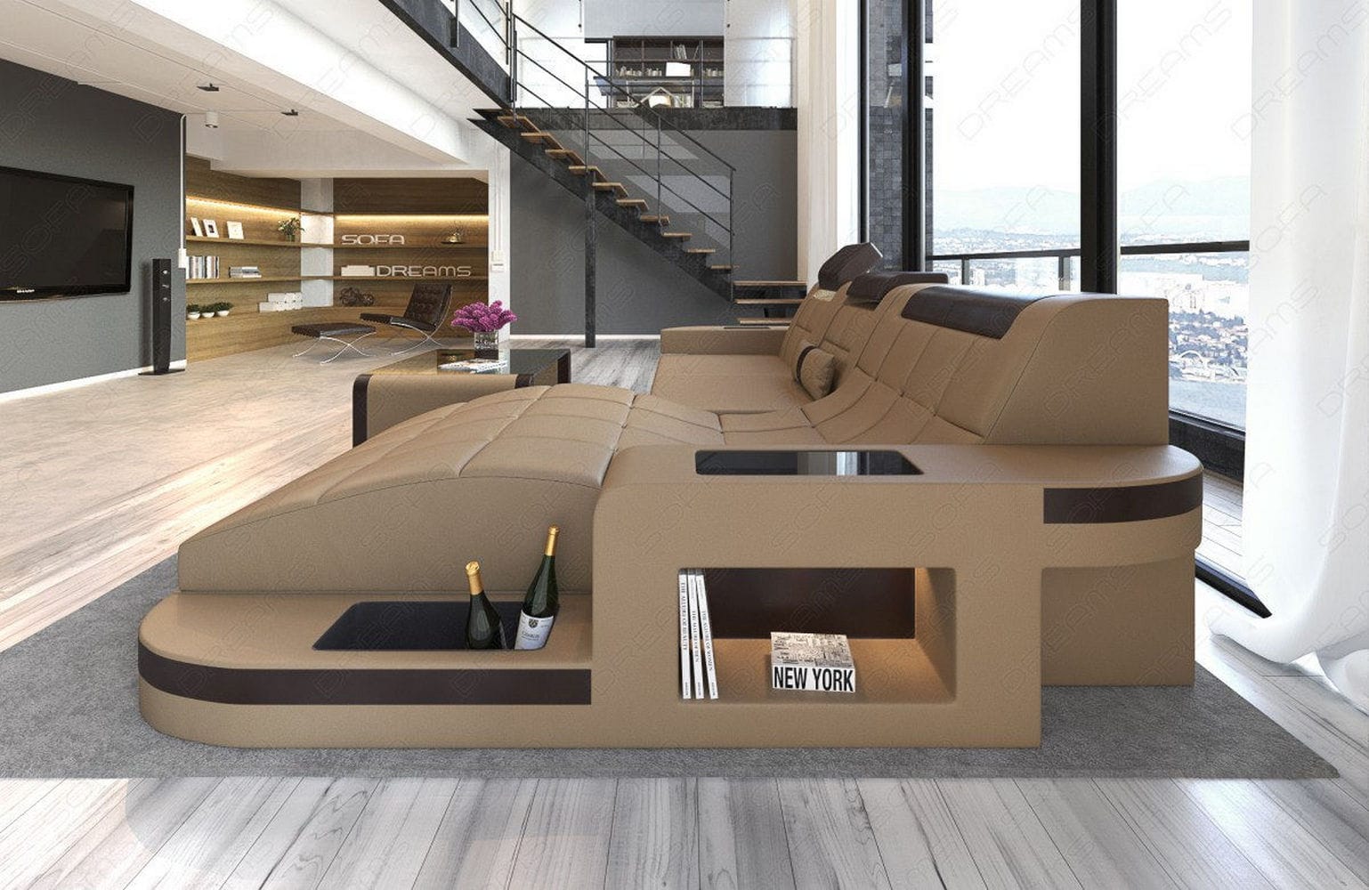 Mini Ecksofa Wave L-Form aus Leder sandbeige-dunkelbraun