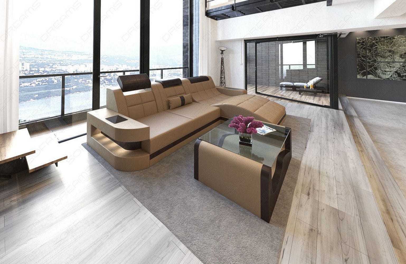 Mini Ecksofa Wave L-Form aus Leder sandbeige-dunkelbraun