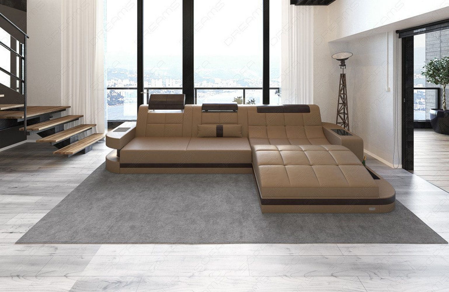 Mini Ecksofa Wave L-Form aus Leder sandbeige-dunkelbraun