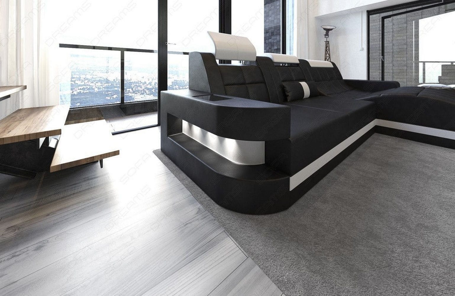 Mini Ecksofa Wave L Form aus Leder schwarz-weiß