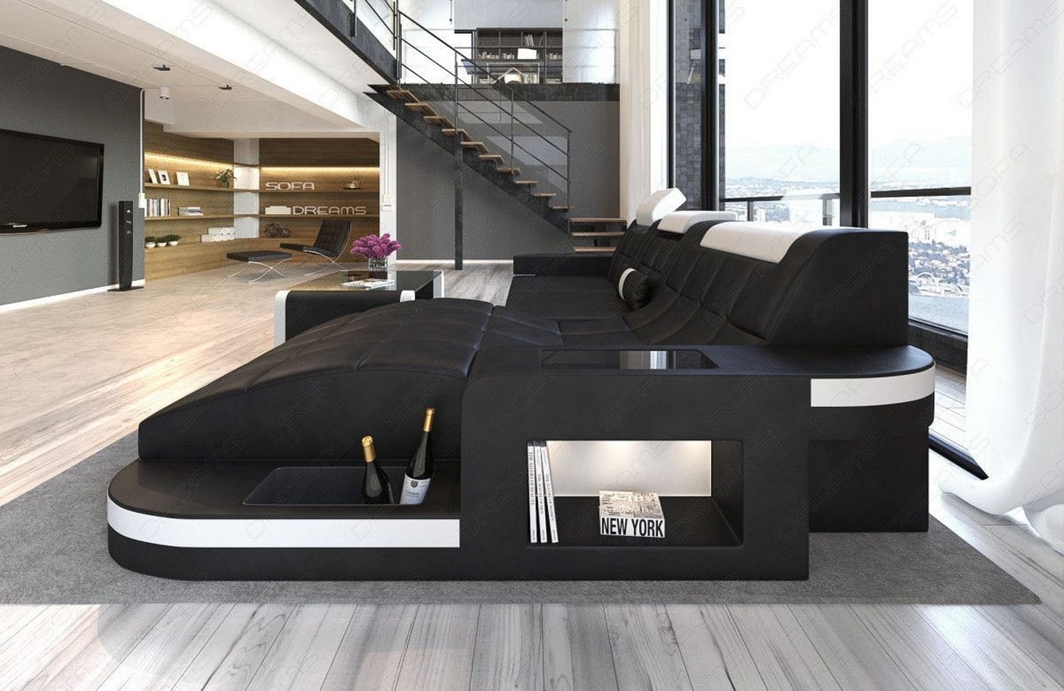 Mini Ecksofa Wave L Form aus Leder schwarz-weiß