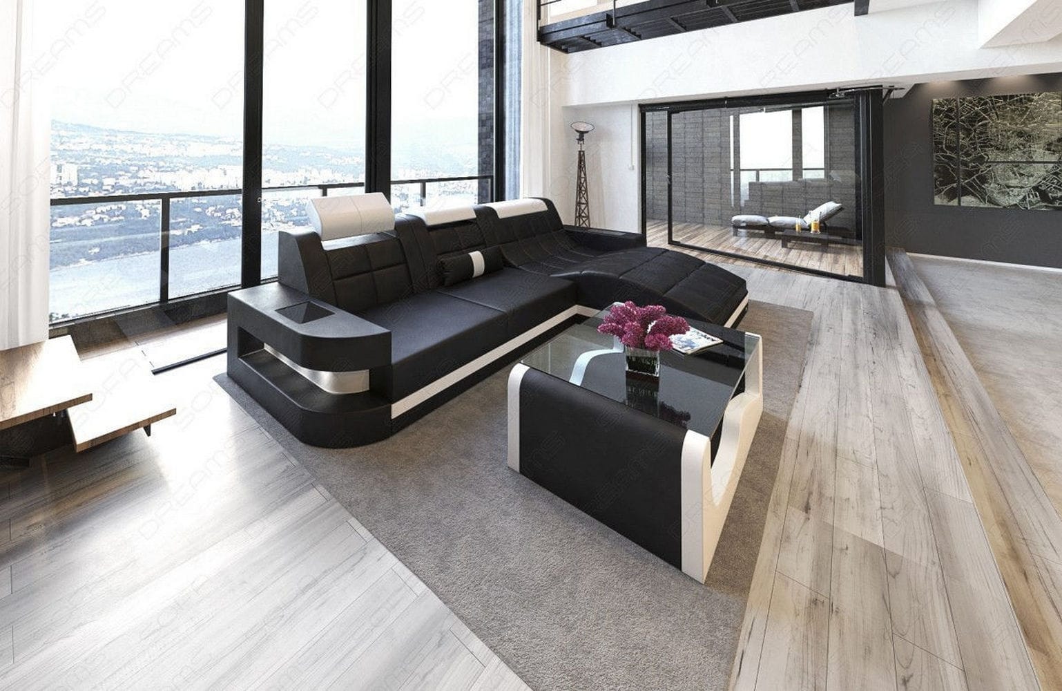 Mini Ecksofa Wave L Form aus Leder schwarz-weiß