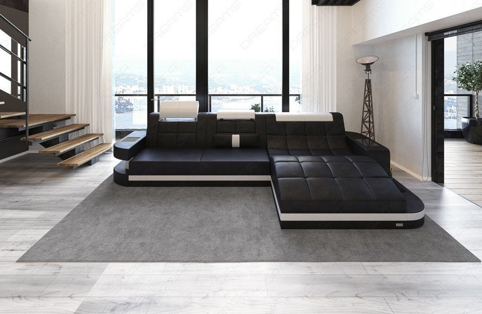 Mini Ecksofa Wave L Form aus Leder schwarz-weiß
