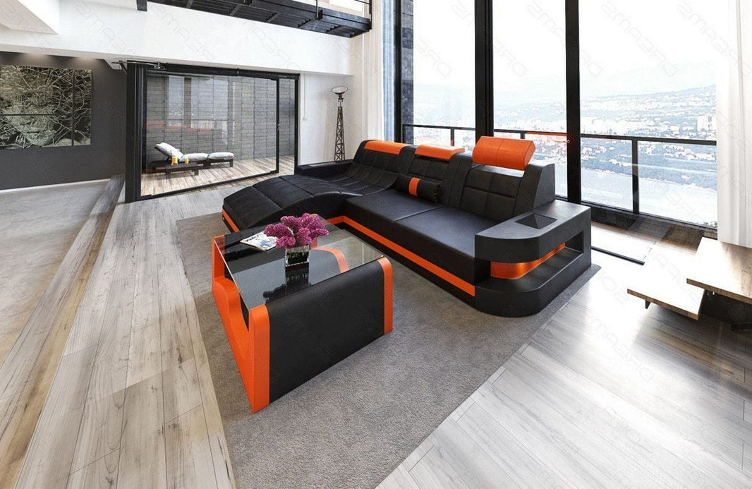 Design Ledersofa Wave L-Form mit LED