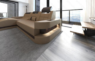 Design Ledersofa Wave L-Form mit LED sandbeige-dunkelbraun