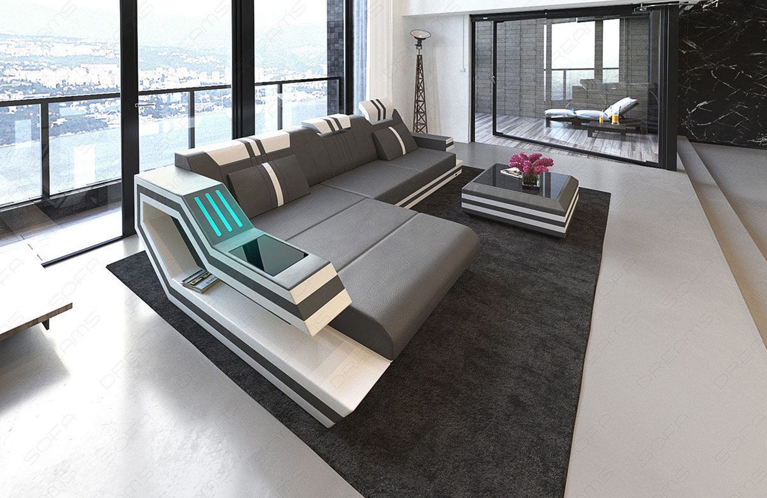 Designersofa Leder Ravenna L-Form mit LED grau-weiß