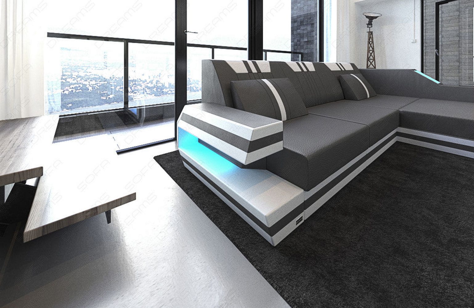 Designersofa Leder Ravenna L-Form mit LED grau-weiß