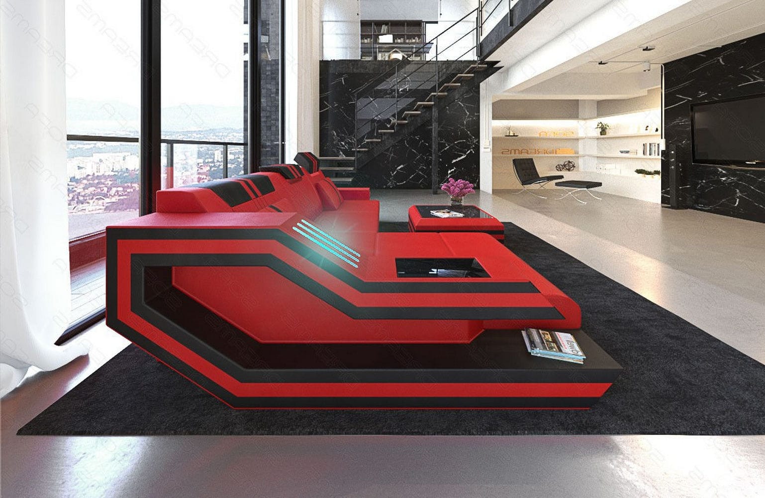 Designersofa Leder Ravenna L-Form mit LED rot-schwarz